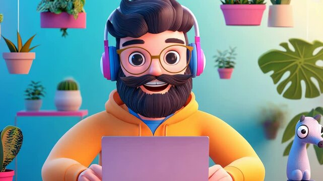 Friendly male in headset provides topnotch customer service while using a laptop in a modern work setting.