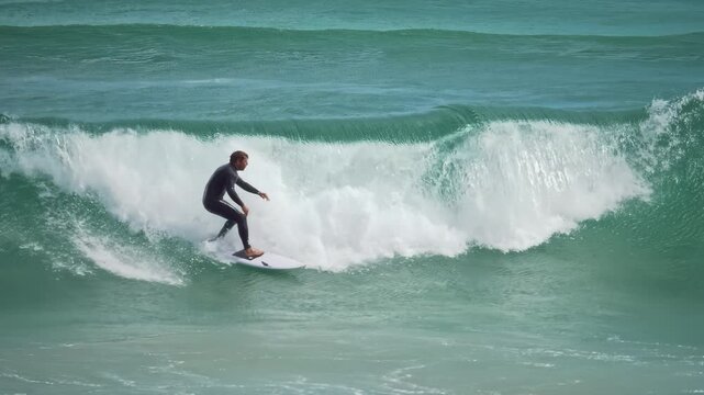 a tracking clip of a surfer riding a wave, while surf skis race in the distance, on a winter's afternoon at burleigh heads in queensland, australia