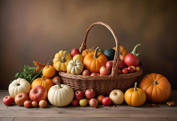 Pumpkins and vegetables with leaves in harvest basket background