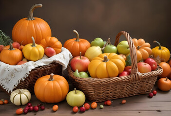 Pumpkins and vegetables with leaves in harvest basket background