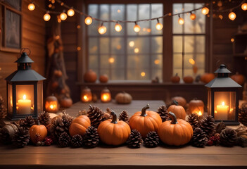 Fototapeta premium Halloween and Christmas lanterns and pumpkins with candles on the background of snow