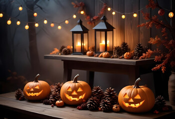 Halloween lanterns and pumpkins with candles on the background of snow
