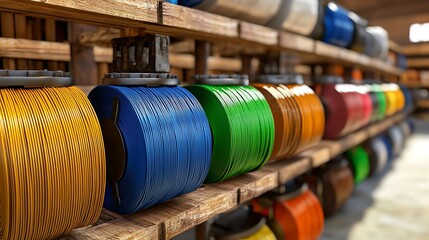 Colorful Rolls of Wire on Wooden Shelves in a Warehouse