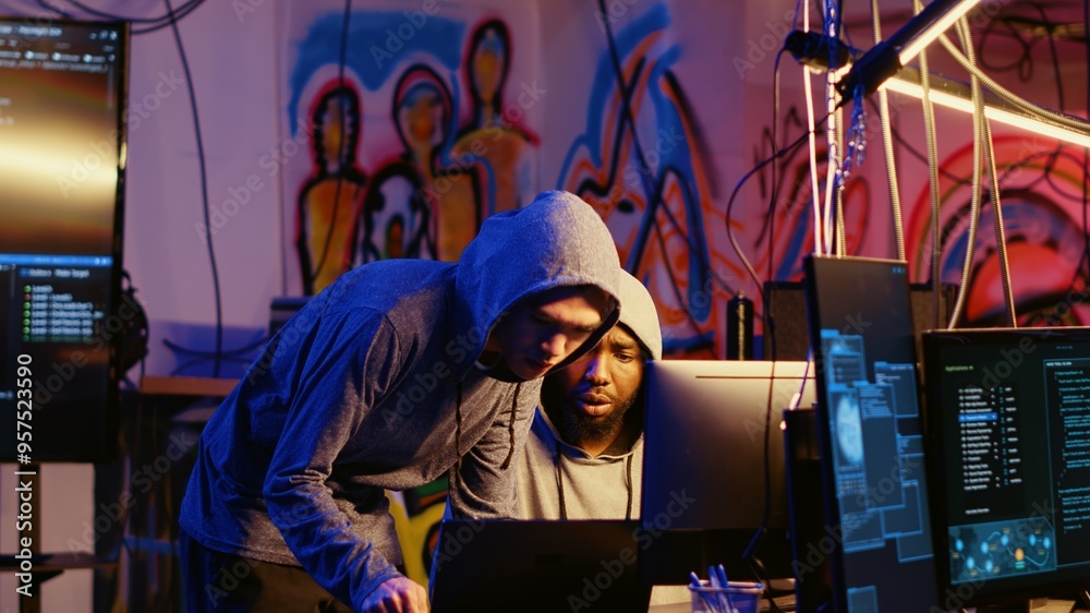 Aufkleber rogue programmers in secret hideout discussing ways to best hide their online activity after stealin