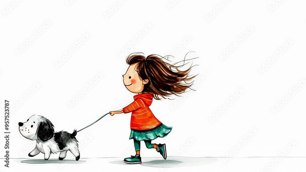 Poster a whimsical watercolor illustration of a little girl joyfully walking her dog, showcasing a playful 