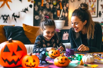 Fototapeta premium A smiling mother and child craft Halloween decorations together, bonding over the festive activity in their living room. A joyful family moment filled with creativity and laughter.