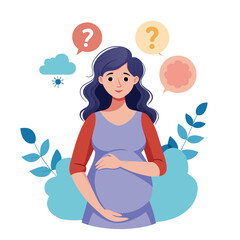 A pregnant woman stands with her hands on her belly, surrounded by question marks