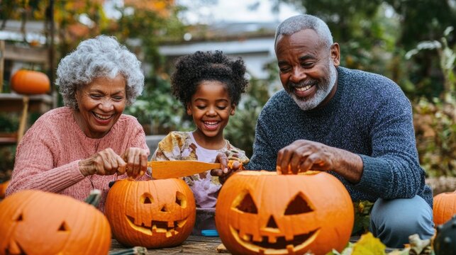 Joyful african american grandparents and kids carving jack-o'-lanterns in their garden. Wide-angle shot of the Halloween family tradition.