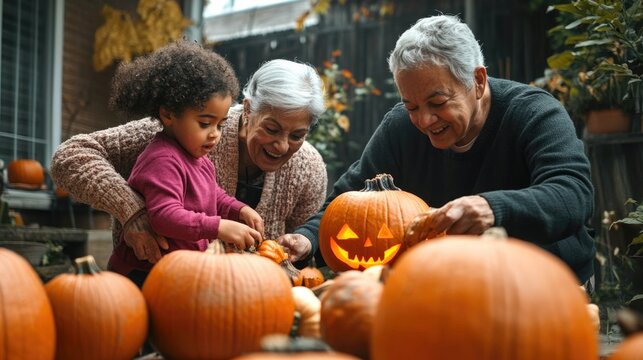 Grandparents and grandchildren joyfully carving pumpkins in the garden. Latino senior couple enjoying Halloween preparations, wide-angle shot. - Powered by Adobe