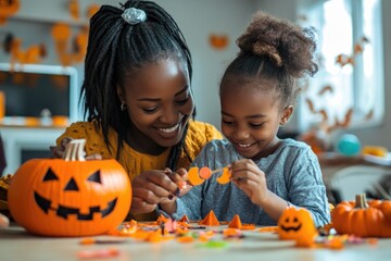 Fototapeta premium African american family enjoys crafting Halloween decorations in their living room. A close-up shot of the mother and child, smiling as they bond over a fun, creative holiday activity.
