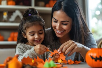 Fototapeta premium A Latino family crafts Halloween decorations in their living room. The mother and child share a close-up smile, enjoying the festive season and making memories together.