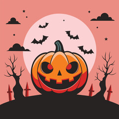 A smiling jack-o'-lantern on a hill, lit by a full moon. Bats flutter and bare trees frame the scene in eerie light