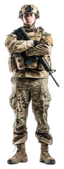 Soldier in tactical gear stands ready with a firearm isolated on transparent background