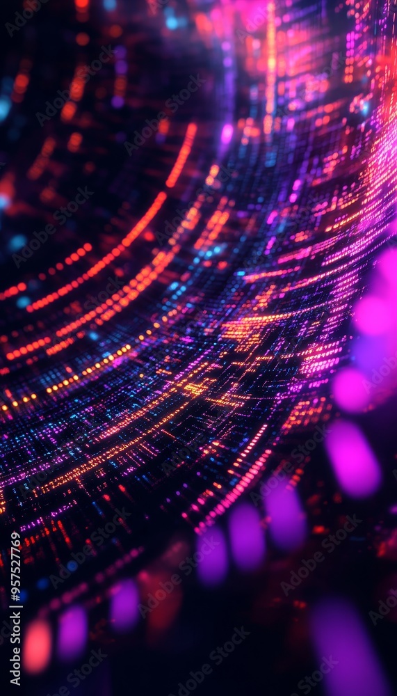Aufkleber vibrant neon binary code grid against a dynamic swirling abstract shape background