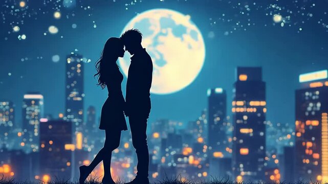 Silhouetted couple embraces on rooftop against night cityscape. Full moon illuminates scene, casting soft glow on surrounding buildings. Intimate moment captures essence of urban romance.	