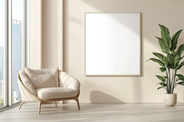 Poster Frame in Beige minimalist living room interior created with generative AI