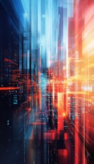 Abstract technology background with blurred cityscape and geometric shapes in vibrant colors