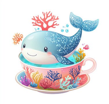 recommend clip art:  A cute cartoon whale swimming in an underwater teacup, surrounded by coral and sea plants, in a clip art style with a white background