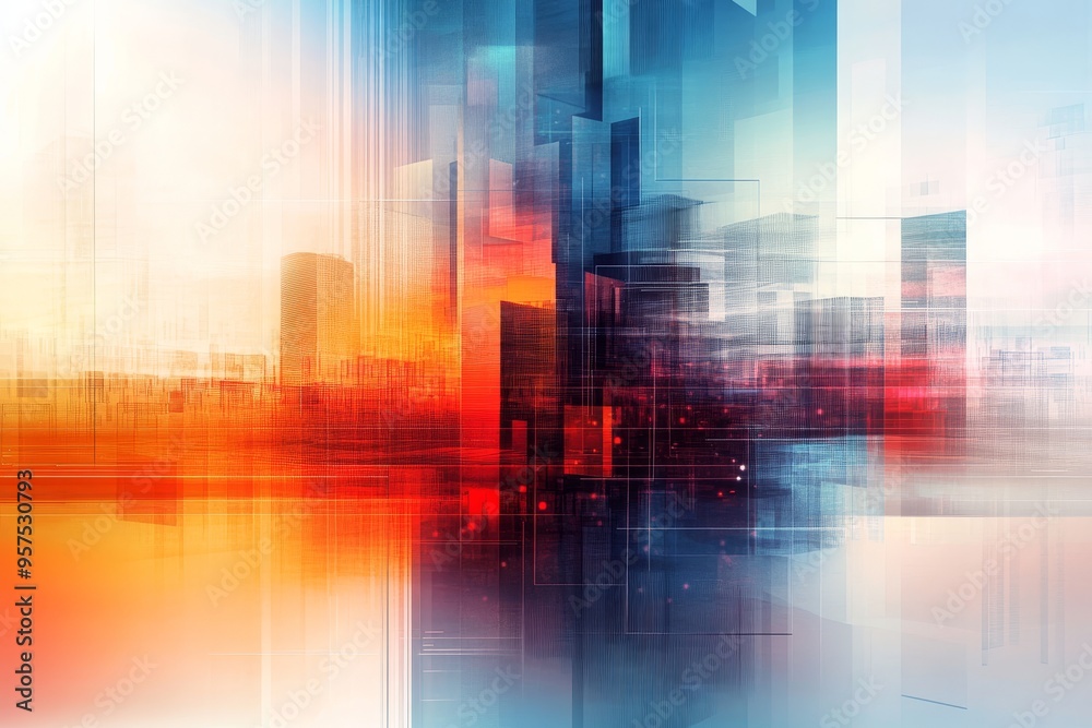 Fototapete abstract technology background featuring geometric shapes and blurred cityscape for text placement