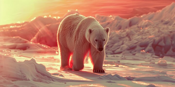 Polar Bear walking alone in the snowy landscape