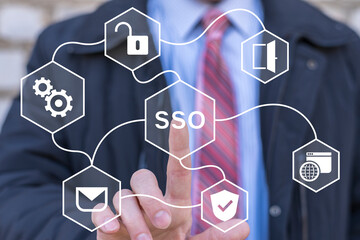 Buisness man working on virtual touch screen presses abbreviation: SSO. Single Sign On ( SSO )...