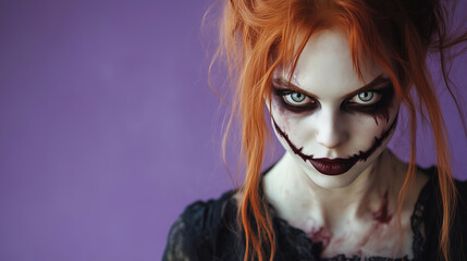 Fototapeta premium Impressive ginger girl with scary haloween zombie make-up on purple background. Generative ai
