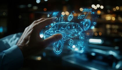 Fototapeta premium Man interacting with holographic smart car interface a 3d rendering of futuristic technology