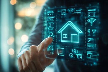 Businessman interacting with energy efficiency icon on virtual screen for home building audit