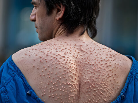 Retrato de la espalda de un hombre con lesiones de viruela s&iacute;mica

