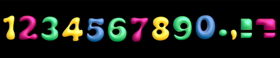Playful kids 3D numbers, colorful Bubble Inflated Cartoon Joyful Balloon typography, vibrant funky style, birthday party typeface. Three-dimensional chewing gum Vector typeset