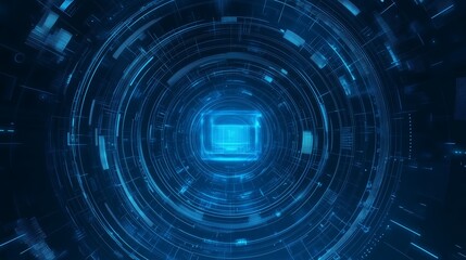 Obraz premium Futuristic abstract technology background with glowing blue circular patterns and digital elements in a dark setting