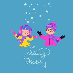 Happy children admire falling snow. Winter outdoor activity. Boy and girl in bright clothes, handwritten text Happy Holiday. Cartoon kids enjoying the snowfall. Hand-drawn flat vector illustration