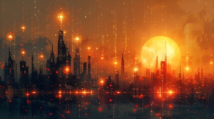 Fototapeta premium A glowing futuristic cityscape at sunset, showcasing a horizon filled with towering, sleek skyscrapers and wispy, abstract structures that appear to shimmer