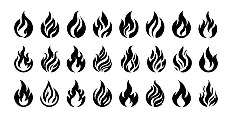 Set of simple fire flames vector silhouettes bundle isolated on white background.