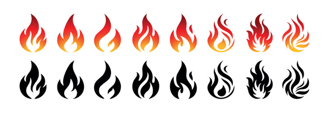 Set of simple small flames vector icons and silhouettes bundle. Symbol of burning fire flame collection isolated on white background.
