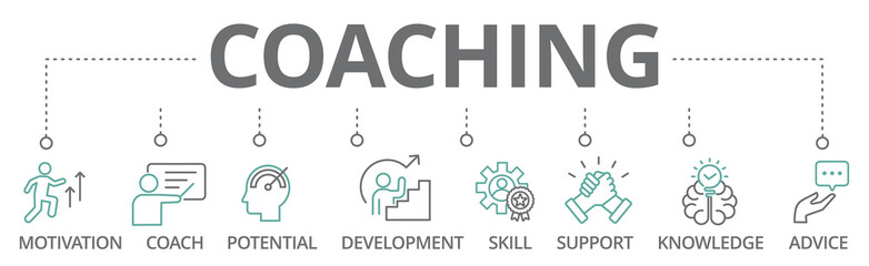 Coaching banner icon, motivation, coach, potential, development, skill, support, knowledge and advice vector illustration concept