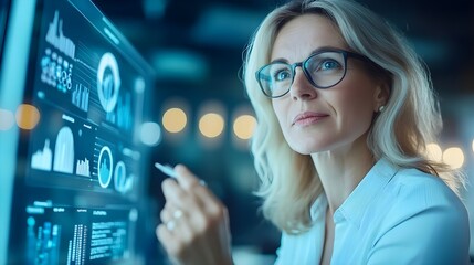 Businesswoman Analyzing Data on Screen - Technology, Growth, Success