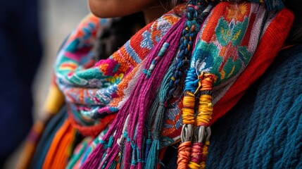 Obraz premium A close-up captures the intricate details of an indigenous Himalayan cultural attire. A woman wears heavy fabrics with colorful embroidery, geometric patterns, and sacred symbols.