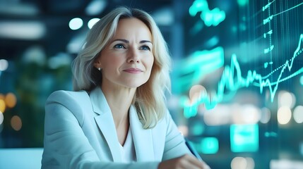Naklejka premium Businesswoman Looking at Stock Market Data Growth Chart