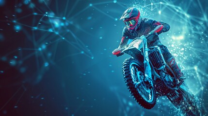 Abstract Illustration of Motocross Rider Against Starry Blue Sky: High-Adrenaline Freestyle Jump