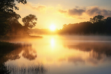Obraz premium Golden mist rising over a tranquil lakeside at sunrise, morning atmosphere