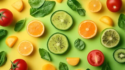 Vibrant arrangement of fresh fruits and vegetables on a colorful backdrop showcasing health and vitality