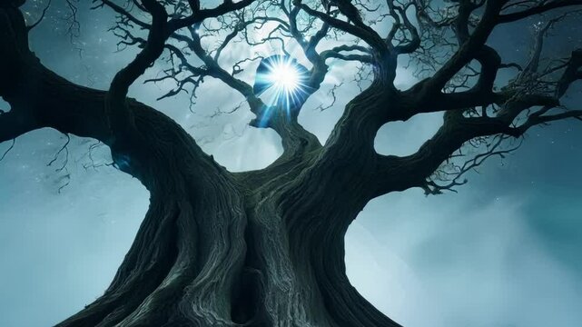 New year celebration: In a realm of enchantment and mystery a colossal tree glimmers with a mystical light its branches stretching towards the unknown. 2025 is etched into the