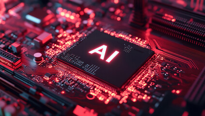 Futuristic Artificial Intelligence Chipset Integrated on Circuit Board with Glowing Red and Blue Lights