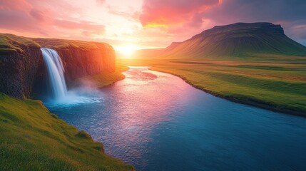 Waterfall and River at Sunset in Iceland