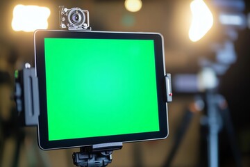 Tablet with a Green Screen Mounted on a Tripod in a Studio Setting