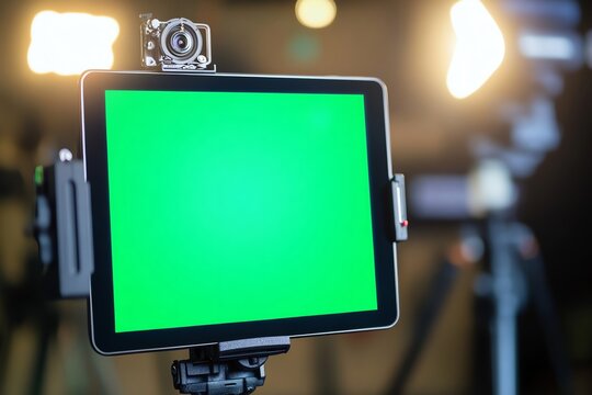 Tablet with a Green Screen Mounted on a Tripod in a Studio Setting