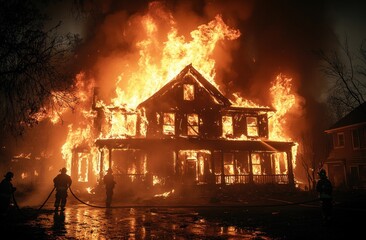Fototapeta premium Firefighters battling a house fire at night.