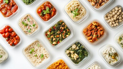 Colorful meal prep containers arranged on a flat surface showcasing a variety of healthy dishes perfect for a week of balanced eating