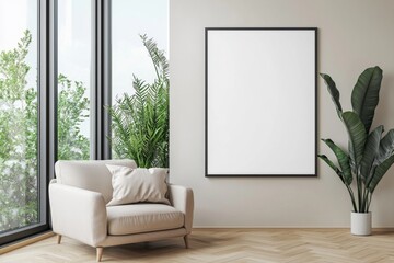 Poster Frame in Beige minimalist living room interior created with generative AI
